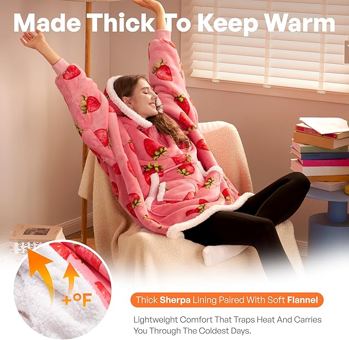Giggling Getup Wearable Blanket Hoodie for Adults Gifts for Teen Girls Sister Women Sherpa Fleece Printed Hooded Blanket Sweatshirt Warm Cozy with Pocket & Sleeves Pink Strawberry