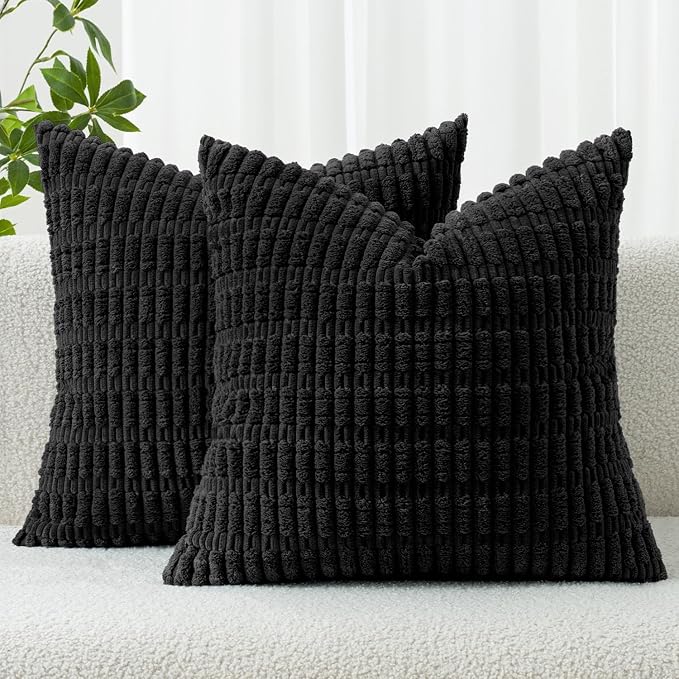 MIULEE Euro Sham Corduroy Decorative Throw Pillow Covers 24x24 Black | Pack of 2 Soft Boho Striped Pillow Covers Modern Farmhouse Home Decor For Sofa Living Room Couch Bed