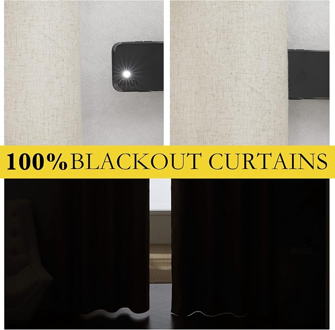 NICETOWN 100% Blackout Natural Linen Curtains 95 inches Length for Dining Room, 2 Panels Set, 62" Wide, Farmhouse Style Room Cooling Window Draperies with Thermal Insulated Liners