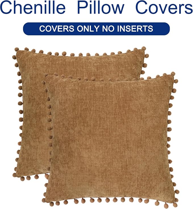 CaliTime Decorative Couch Throw Pillow Covers 18 X 18 Inches Apricot Brown | Pack of 2, Cozy Chenille Cushion Cases, with Pom Poms for Sofa Bed Living Room Farmhouse Home