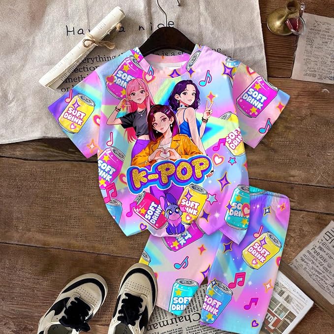 K-POP DEM0N Hunters Outfits for Girls, 2 Piece T-Shirts and Apparel Sets Birthday Gift