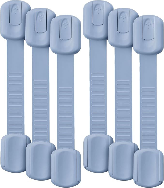 Bate- Child Safety Strap Locks, 6 Pack, Dusty Blue, Baby Locks for Cabinets, Drawers, Kitchen, Toilet, Furniture, Fridge, Multi-Purpose, Easy Install with Quick 3M Adhesive for Childproofing