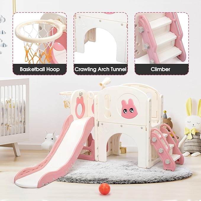 NYEEKOY 8-in-1 Toddler Slide and Climber Playset, Kids Slide Playground with Stairs, Tunnel, Telescope, Storage, Basketball Hoop and Ball, Indoor Outdoor, 1-3 Years Old, Pink
