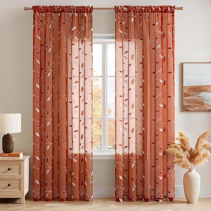 MIULEE Terracotta Sheer Curtains 2 Panels Embroidered Leaf Patterned burnt Orange Rod Pocket Floral Semi Faux Linen Fall Window Curtains Drapes Set for Living Room Bedroom Dining Room, 52x96 Inch Long