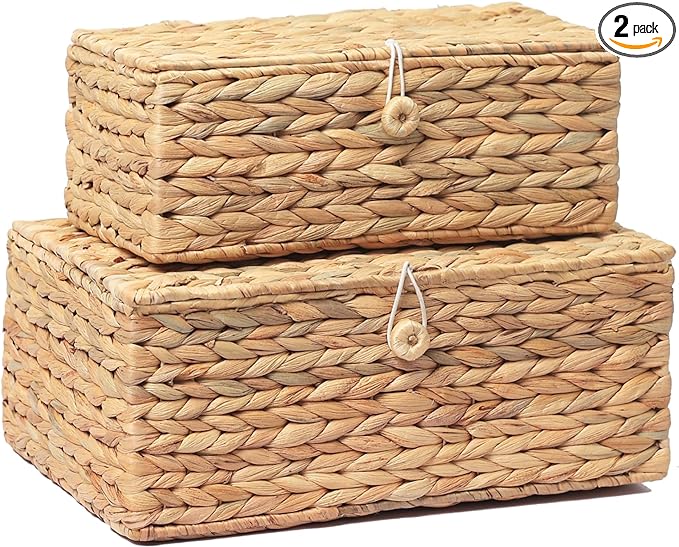LUSYDECO Set of 2 Rectangular Wicker Storage Bins with Lid, Rattan Basket Decorative Boxes, Multipurpose Organizer Display Boxes for Shelf Organizer, Boho Rattan Box for Home Decoration