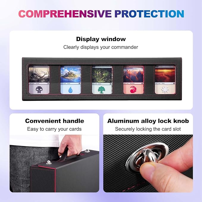 UAONO Trading Card Storage Box with Commander Display, 5 Row Magic Card Box with Handle & Aluminum Alloy Locking for 3900+ Unsleeved Cards Suits for MTG PTCG TCG Sports Cards (Black Red)