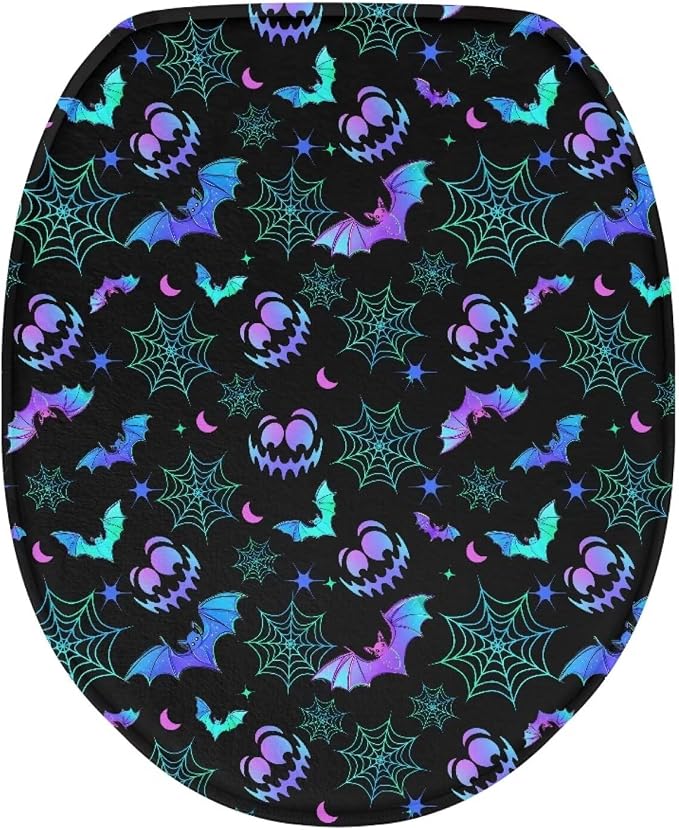 Toilet Seat Cover, Flannel Soft DustProof Toilet Lid Cover, Fits Most Most Round, Elongated and Oblong Toilet Lid Cover-Halloween Bat Design