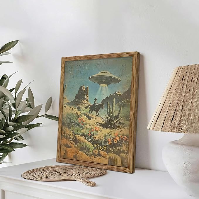 Framed Vintage Intergalactic Western Canvas Wall Art, Alien UFO Abducting Cowboy, Desert Cactus and Flowers Wall Decor, Retro Sci-Fi Poster for Living Room Bedroom – Dark Wooden Frame 12x16in