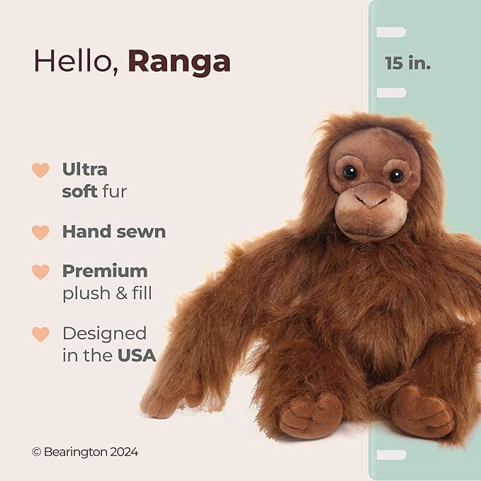 Bearington Orangutan Plush - Soft Cuddle Friend & Plush Toys - Lifelike Features & Orangutan Stuffed Animal - Fun Playtime Companion & Stuffed Monkey - Ranga, 15 in