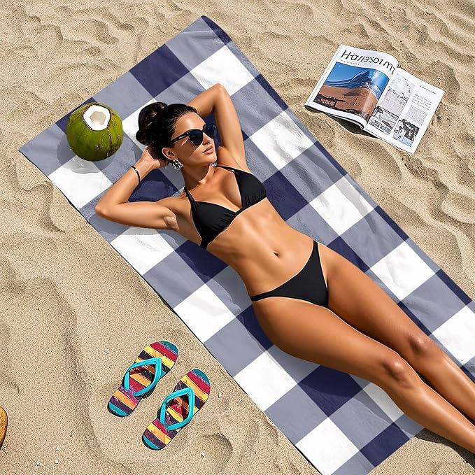 Navy White Checkboard Beach Towel, Microfiber Absorbent Quick Dry Swimming Yoga Beach Towels for Women, Men, Kids