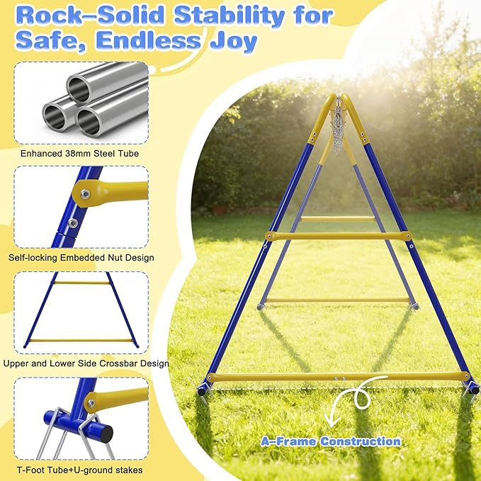 3-in-1 Swing Set for Backyard for Kids, with 1 Platform Swing, 2 Belt Swing, 600lbs Metal Swing Set for Toddler, Heavy-Duty Swing Stand w/8 Ground Stakes, Outdoor Swingset for Kids Adults (Blue)