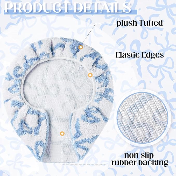Blue Bow Toilet Lid Cover Washable Coquette Cute Plush Toilet Cover for Bathroom Decor Soft Microfiber 17.5 x 15 Inch Non Slip Rubber Backing Fits Most Round, Elongated