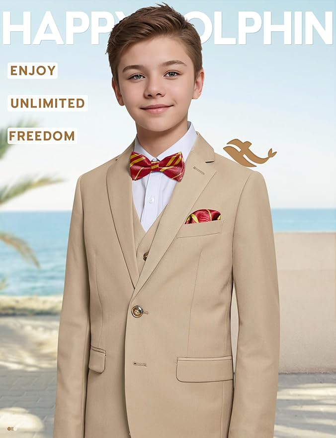 Happy Dolphin Boys Suit Set Modern Fit Kids Suits Adjustable Waist Boys Wedding Outfit for Boy Communion Suits for Boys