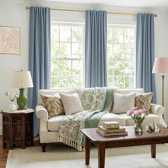 100% Blackout Shield Dusty Blue Linen Blackout Curtains for Bedroom 102 Inches Long, Back Tab/Rod Pocket Living Room Drapes, Thermal Insulated Blackout Curtains 2 Panels Set, 50" W x 102" L