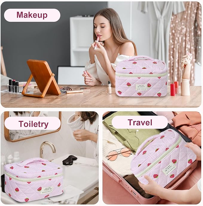 GISMTR 3Pcs Makeup Bag Cotton Quilted Travel Cosmetic Bag Cute Floral Makeup Pouch Large Toiletry Bag for Women Girls