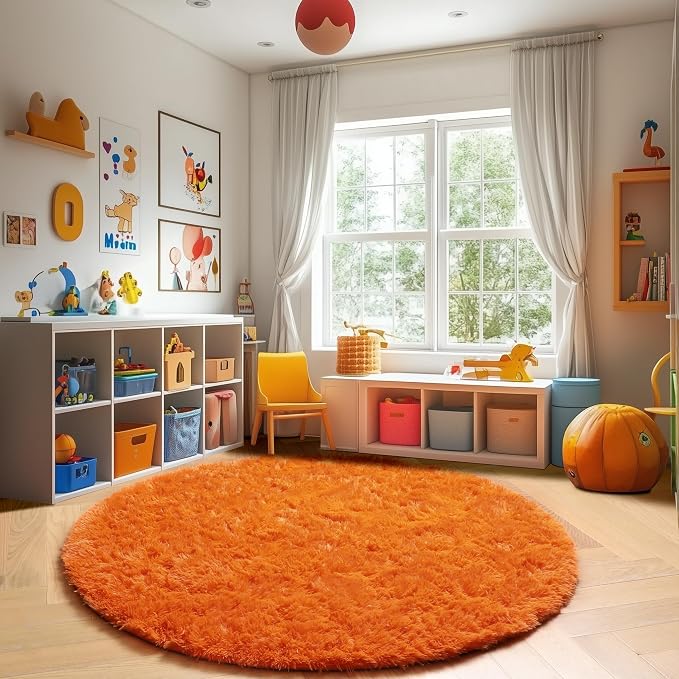Amdrebio Orange Round Circle Rug 5Ft for Bedroom Living Room, Fluffy Fuzzy Shaggy Area Rugs for Kids Room Decor Aesthetic, Cute Furry Plush Shag Carpet for Baby Nursery Dorm Playroom, Teen Girls Boys