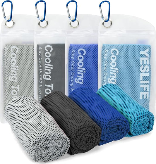 YESLIFE 4 Pack Cooling Towel 40"x12", Gym Towels for Men and Women, Soft Breathable Workout Towels for Yoga, Running, Sport, & More (Black, Dark Blue, Blue, Grey)