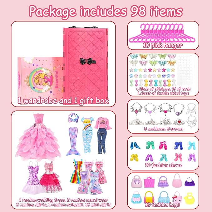 ZNTWEI 98 Pcs Doll Clothes and Accessories with Closet Wardrobe DIY Playset for 11.5 Inch Doll Including Wedding Dress Fashion Dress Casual wear Swimsuit Shoes Hangers Necklace Bags