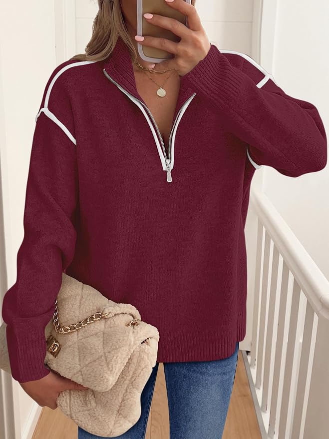 ANRABESS Womens Quarter Zip Sweaters Fall Long Sleeve V Neck Shirts Collared Business Casual Tops Knit Pullover Sweatshirts