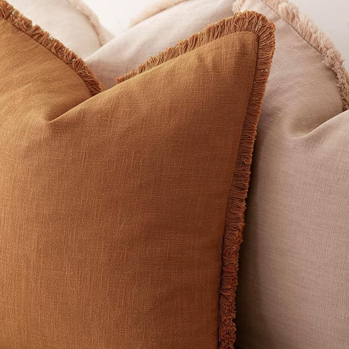 Foindtower Set of 2 Decorative Linen Fringe Lumbar Throw Pillow Covers Boho Farmhouse Cushion Cover with Tassels Soft Accent Pillowcase for Couch Sofa Bed Living Room Home Decor,12×20 Inch,Orange
