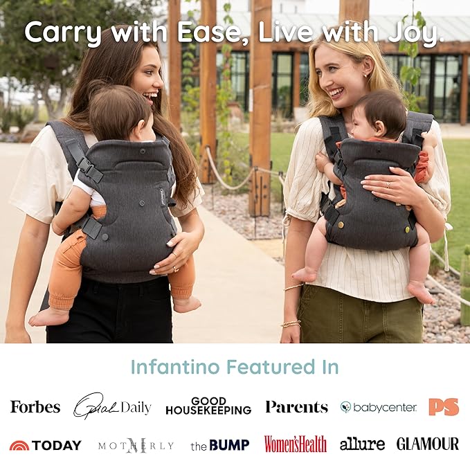 Infantino Flip Luxe 4-in-1 Convertible Baby Carrier, Ergonomic Infant to Toddler Carrier, Updated Lumbar Support, Premium Herringbone Fabric, Elevated Accents, Hands-Free Comfort, 7–35 lbs, Onyx