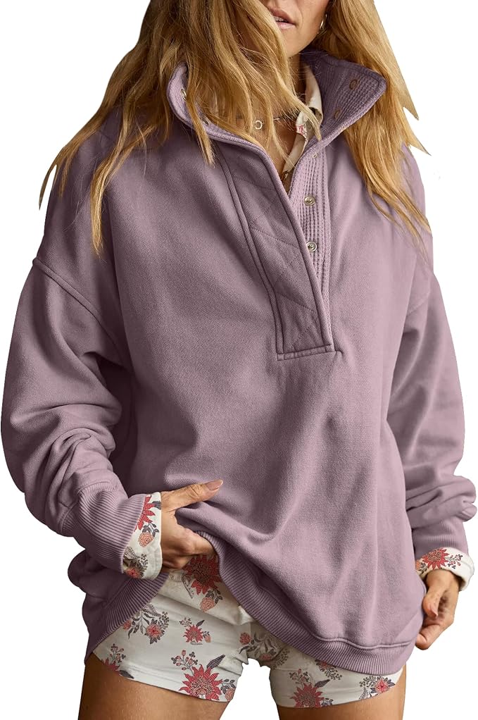 Gacaky Sweatshirt for Women Oversized Casual Long Sleeve Button Henley Neck Pullover Tops Fashion Outfits Clothes