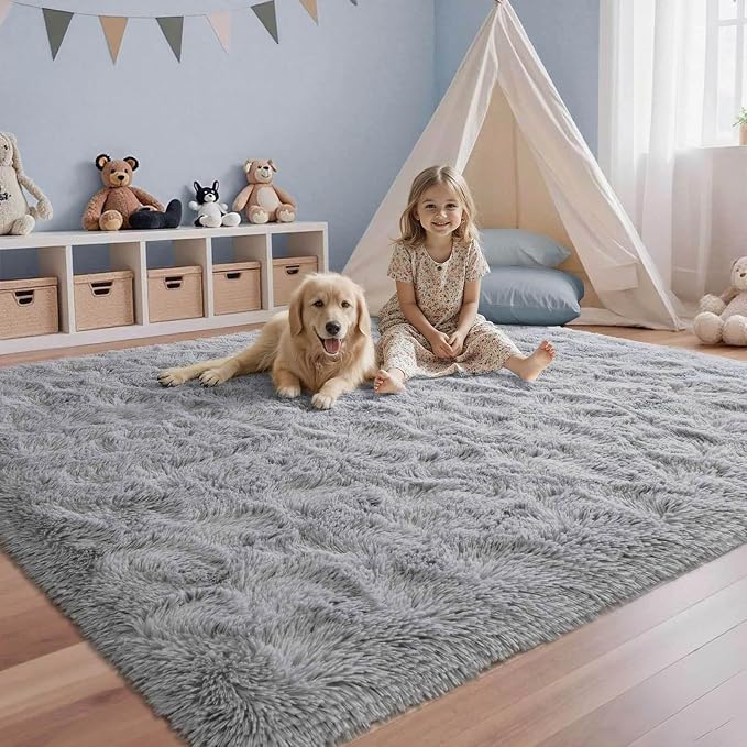 Grey Rugs for Bedroom Fluffy 4x6 ft Living Room Rug Non-Slip Area Rugs Shag Carpet for Nursery Kids Play Room Dorm Office Indoor Modern Plush Carpets Boys Light Gray