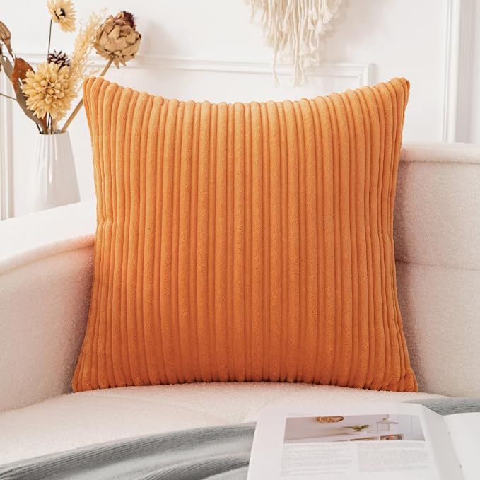 UGASA Fall Decorative Soft Velvet Stripe Pillow Cover 1 Pack Solid Corduroy Textured Euro Cushion Case for Couch Bedroom Sofa Farmhouse, 20x20 Inch, Orange