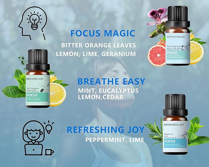 Focus Essential Oil Set – 6x10ml Essential Oils for Diffusers Aromatherapy, Aromatherapy Oil Blends – Huile Essentielle Pour Diffuseur, Fragrance Oils for Candle Making