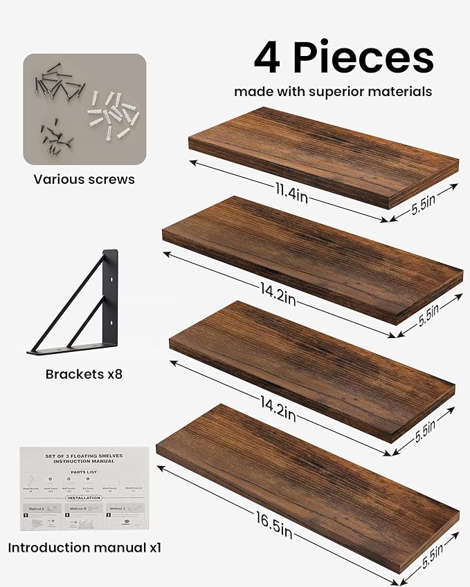 BAYKA Wall Shelves for Bathroom Decor, Floating Wall Shelves for Living Room Kitchen Storage, Mounted Rustic Wood Floating Shelves for Kids Books, Corner Shelf for Bedroom(Rustic Brown，Set of 4)