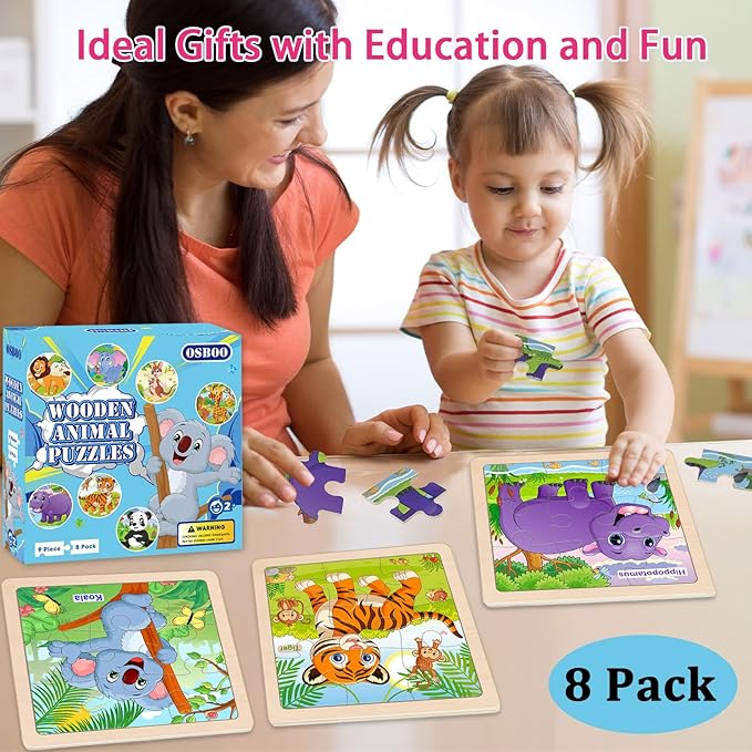 Wooden Puzzles for Toddlers, 9 Pieces Animal Jigsaw Puzzles for Kids Ages 3-5 4-6, Preschool Learning Activities, Learning & Educational Toys, Gifts for Boys, Girls (8 Pack)
