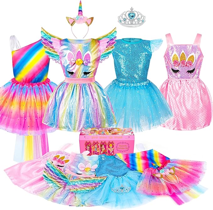 Kids Princess Dress Up Clothes for Toddler Girls, Pretend Play & Dress Up Kids Princess Costume Set with Princess Dresses Crown for Little Girls, Princess Toys Gifts for 3-6 Toddler Girls