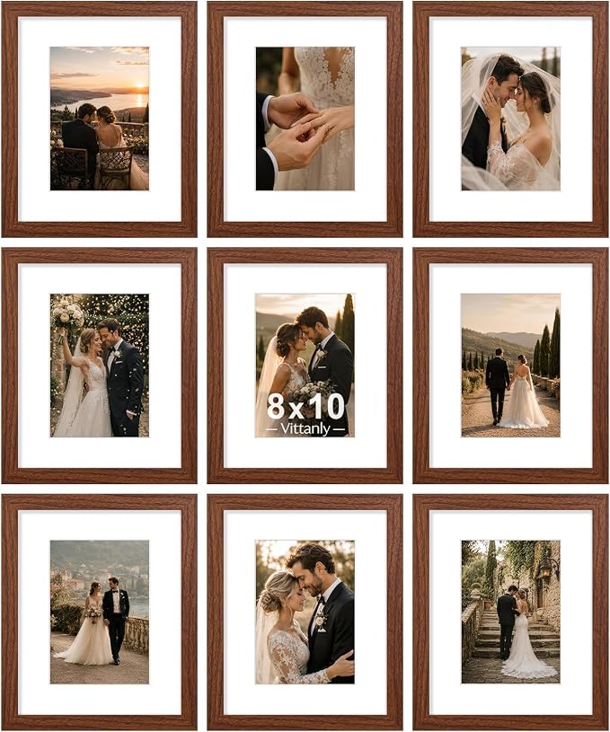 Vittanly 8x10 Picture Frames Set of 9, Wall & Tabletop, Wood Grain Brown | Display Pictures 5x7 with Mat or 8x10 without Mat, Small Photo Frames, Engineered Wood with Shatter Resistant Plexiglass