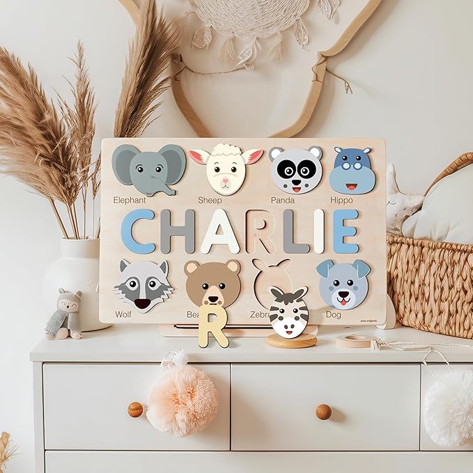 | Personalized Name Puzzle Set | Includes Wooden Puzzle, Optional Engraved Message, Stand & Premium Gift Package | Handmade, Educational Baby Gift (Ages 0–3)
