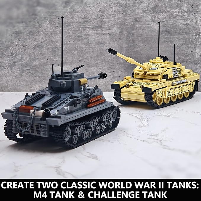 2 Tank Building Blocks, M4 Sherman and Challenger Military Battle Model Kits,Tank Toy Gifts for Boys or Men Collectors