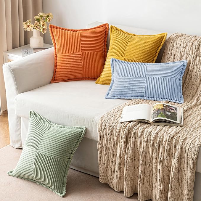 MIULEE Decorative Throw Pillow Covers for Couch 18x18 Inch Light Blue | 2 Pack, Boho Broadside Striped Patchwork Pillow Covers, Soft Corduroy Cushion Cases, For Sofa Bed Livingroom Home Decor