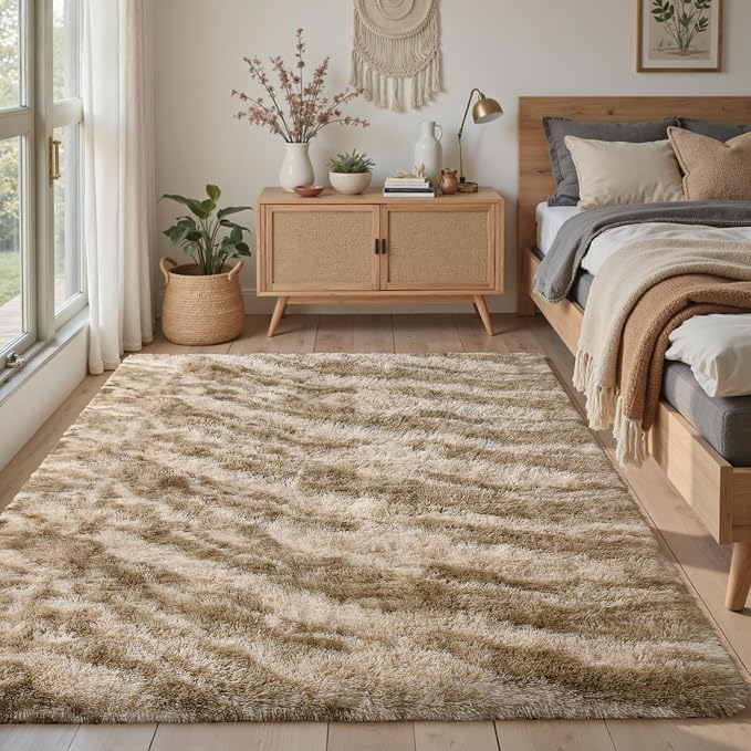 4x6 Feet Area Rugs for Bedroom, Zebra Khaki Plush Fluffy Shaggy Living Room Rugs Non-Slip, Ultra Soft Carpet for Nursery Kids PlayRoom Dorm Office Indoor