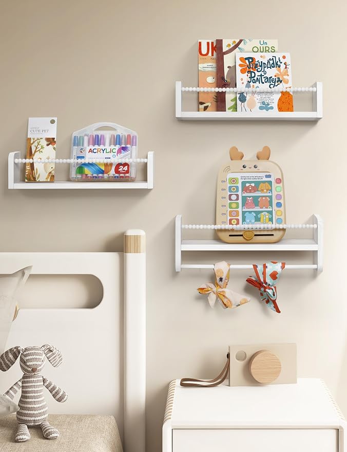 Maxpeuvon Nursery Book Shelves for Wall, White Floating Shelves Set of 3 | Natural Wood Nursery Shelves, with Towel Bar, Storage Shelf for Books, Toys and Decor, for Kids Room, Bedroom, Living Room