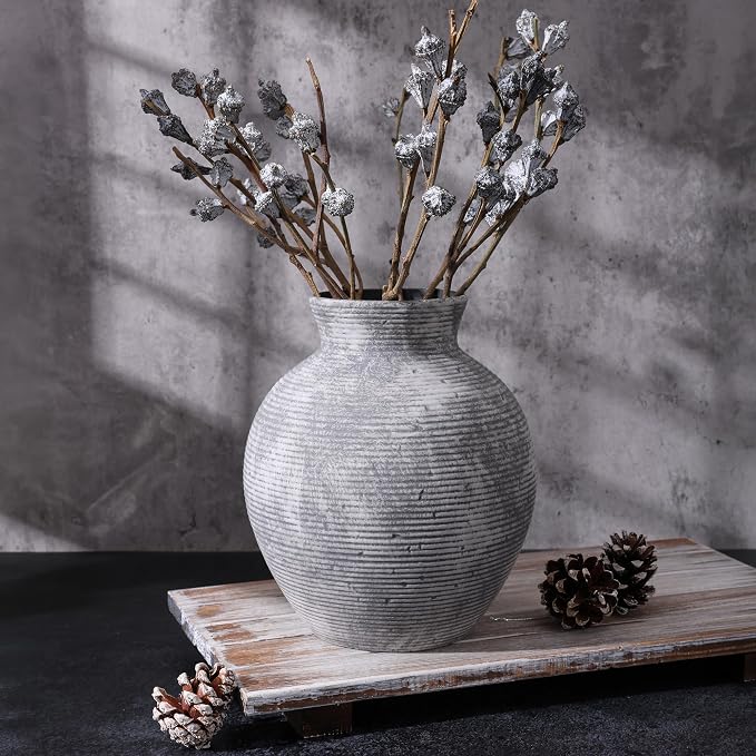 Ceramic Flower Vase Home Decor, 7.4 in Farmhouse Table Vases Retro Vintage Living Room Kitchen Bedroom Decoration Pottery Decorative Vases for Flowers House Shelf Office Desk Dining Entryway, Grey
