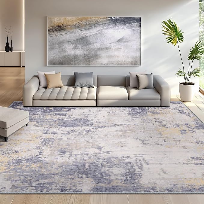 RELEANY Washable 6'x8' Abstract Area Rug for Living Room Gray Yellow | carpet for bedroom, kitchen, office, hallway and entryway, printed pattern, non-slip, soft, stain-resistant, easy to clean