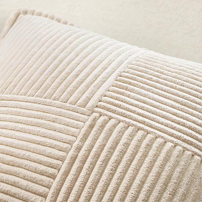 MIULEE Decorative Throw Pillow Covers for Couch 18x18 Inch Beige 2 Pack | Boho Broadside Striped Patchwork Pillow Covers, Soft Corduroy Cushion Cases, For Sofa Bed Livingroom Home Decor