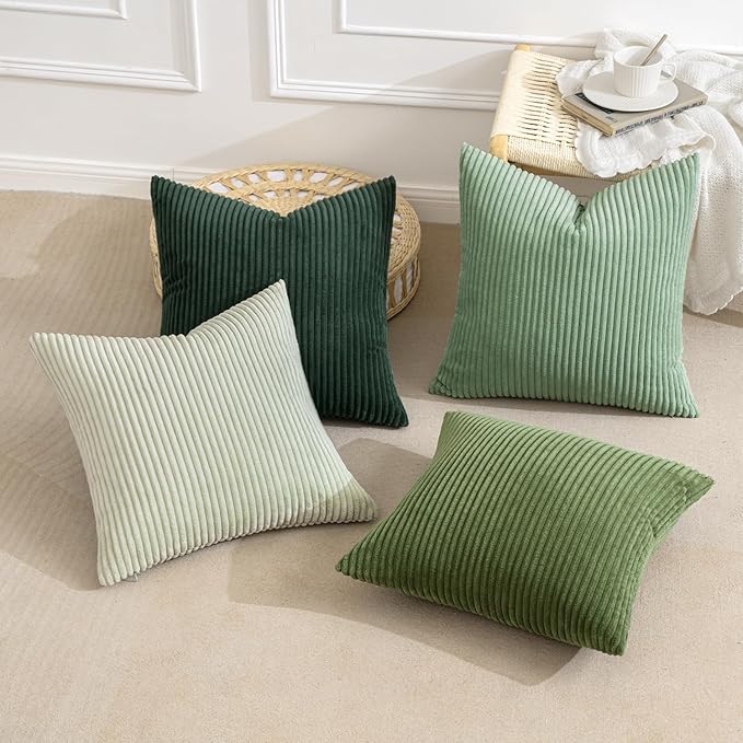 MIULEE Soft Corduroy Decorative Throw Pillow Covers Forest Green 20x20 | Set of 4, Mordern Nordic Home Decor, Gradient Color Matching, Boho Farmhouse Cushion Covers for Couch Bed Sofa Living Room