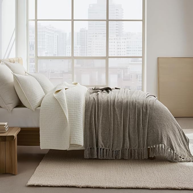 Chenille Knit Queen Blanket for Bed, 90"x90", Taupe | Super Soft Knit Throw with Tassels, Cozy, Decorative Farmhouse Plaid, Lightweight Blanket Queen Size for Couch Sofa Gift