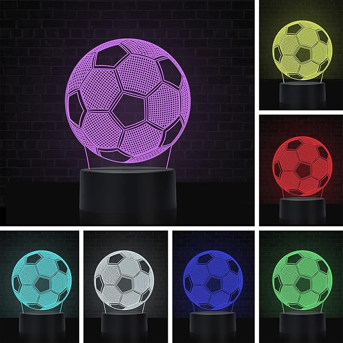 Soccer Night Light for Kids, 3D Illusion Night Lamp, USB LED Table Lamp Smart Touch Dimmer Lights 7 Color Changing Decor Lamp, Room Decor, Gifts for Children Boys Girls.