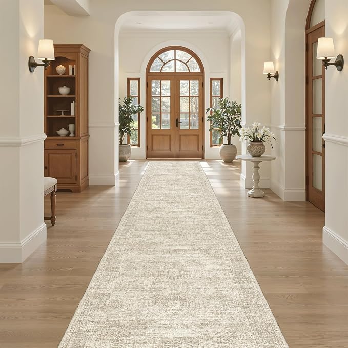 Soalmost Hallway Runner Rug 2'6" x 16' Washable Long Kitchen Rugs Beige | Non-Slip Vintage Runners 2.5x16ft for Bathroom Entryway, Thin Low-Pile Foldable Floor Carpet Mat 16 ft for Corridor Bedroom