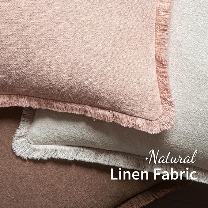 MIULEE Boho Linen Fringe Decorative Throw Pillow Covers Light Pink 18x18 | Set of 2, Cottagecore Decor, Boho Farmhouse Neutral Pillow Covers, Rustic Couch Cushion Cases for Sofa Bed Living Room