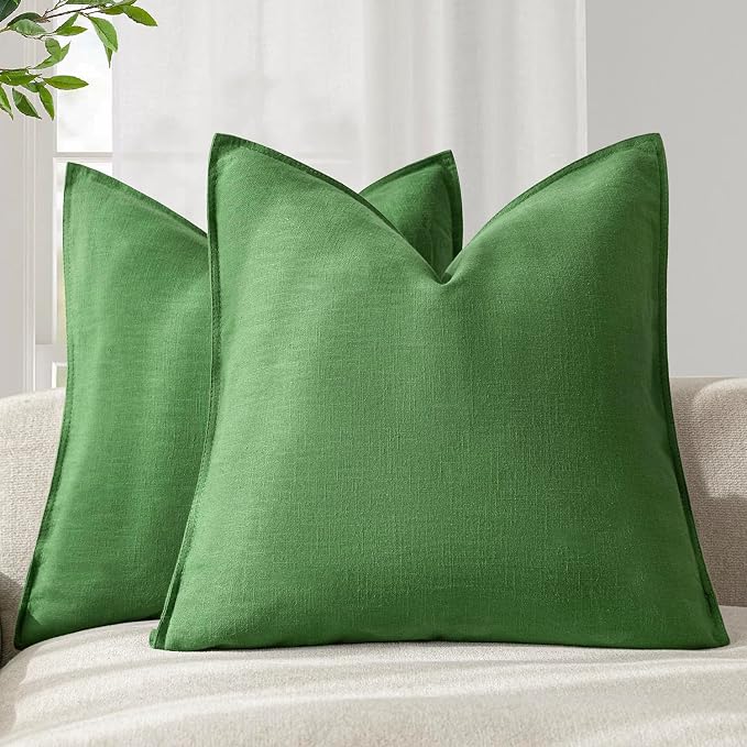 Foindtower Pack of 2, Decorative Linen Solid Throw Pillow Covers Soft Accent Euro Cushion Case Boho Farmhouse Pillowcase for Chair Couch Sofa Bedroom Living Room Home Decor 18 x 18 Inch Forest Green