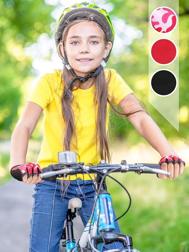 Boao 3 Pairs Kids Half Finger Bike Gloves Non-Slip Breathable Adjustable Birthday Gift for Boys Girls for Bike Workout