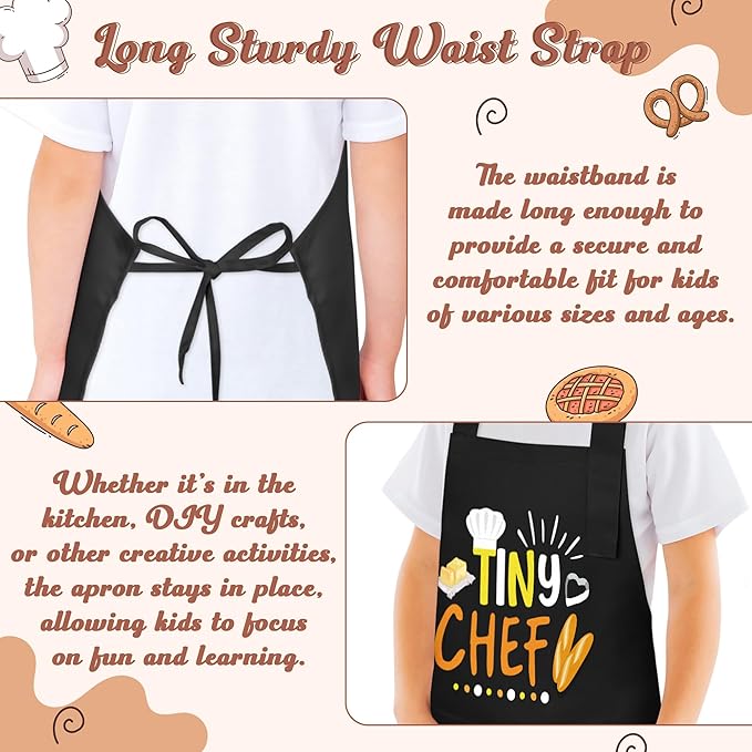 R HORSE Kid Apron and Chef Hat Set - 2Pcs Black Tiny Chef Adjustable Children Kitchen Toddler Apron with Pockets for Kids, Funny Dress up Pretend Play Toy Birthday Gift for Boy Cooking Baking Painting