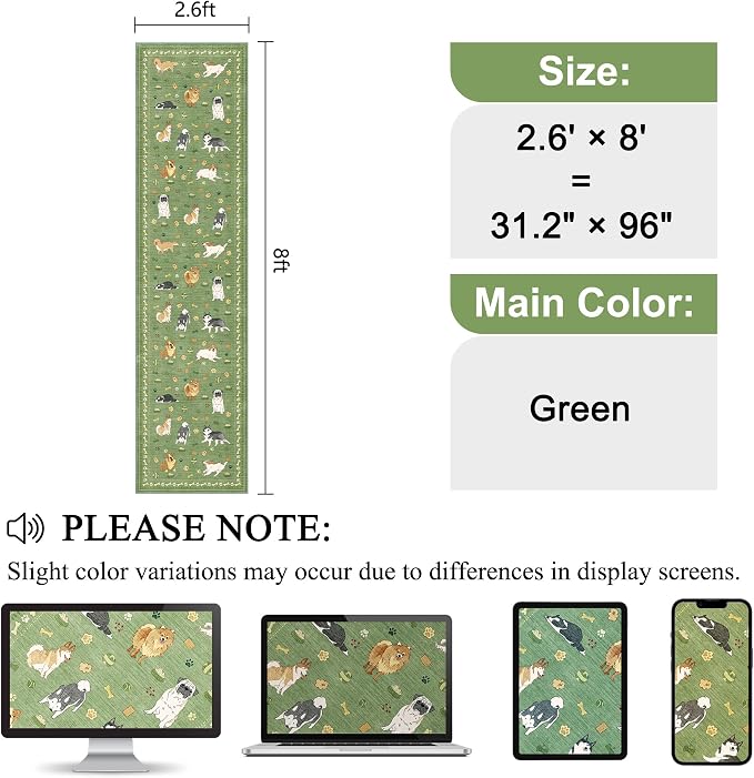 DUKINO 2.6x8 Kitchen Runner Rug, Washable Non Slip Dog Rug, Green | Soft, Stain Resistant, Low Pile, Non-Shedding Animal Carpet Runner for Hallway Entryway Bathroom Laundry, Kid & Pet Friendly